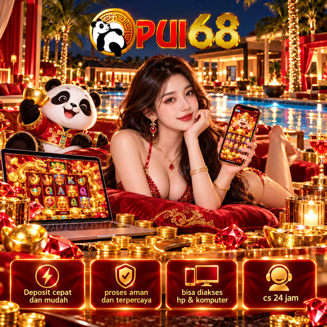 Poster PUI68 dengan suasana resor malam, maskot panda, dan ilustrasi permainan