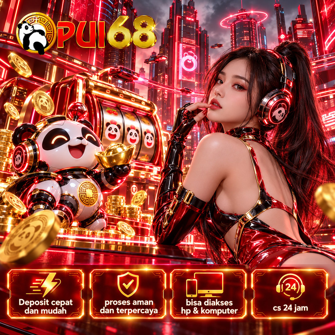 Poster PUI68 dengan kota neon futuristis, maskot panda, dan figur bertema teknologi